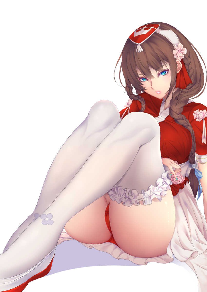 alternate_costume ass azur_lane bangs blue_eyes blush braid breasts brown_hair commentary_request eyebrows_visible_through_hair hair_ornament hairband highres lipstick long_hair looking_at_viewer makeup medium_breasts newcastle_(azur_lane) panties parted_lips pink_lipstick red_footwear red_panties shiro_usagi shoes side_braid sidelocks simple_background skirt solo thighhighs underwear white_background white_legwear white_skirt