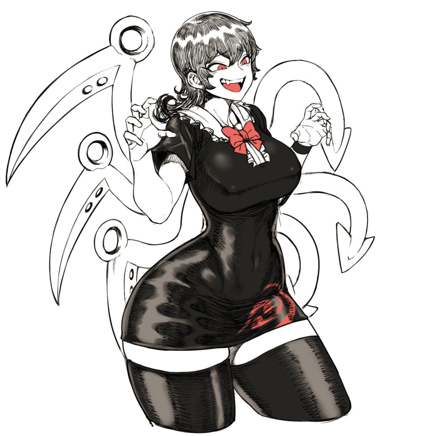 alien big_breasts black_hair bow_tie breasts clothed clothing dress fangs female hair humanoid legwear navel nipple_bulge not_furry nue_houjuu open_mouth red_eyes short_hair solo space_jin teeth thick_thighs thigh_highs tight_clothing tongue touhou unusual_wings voluptuous wide_hips wings