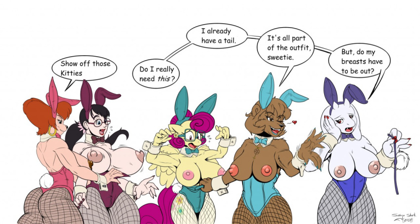 &lt;3 2018 anthro anthrofied assisted_exposure bear berenstain_bears big_breasts black_hair bouncing_breasts bow_tie breasts brown_fur brown_hair bunny_costume butt caprine cattleya clothed clothing costume crossover cutie_mark dialogue disney ear_piercing english_text equine exposed_breasts eyewear fake_ears fake_rabbit_ears fake_tail female fishnet fishnet_legwear friendship_is_magic fur glasses goat goof_troop group hair human legwear long_hair mama_bear mammal mrs_shy_(mlp) my_little_pony nipples one_eye_closed open_mouth peg_pete pegasus piercing ponytail purple_hair queen's_blade rear_view savageshark shirt_collar shirt_cuffs short_hair simple_background stockings surprise text topless toriel undertale video_games white_background wings wink