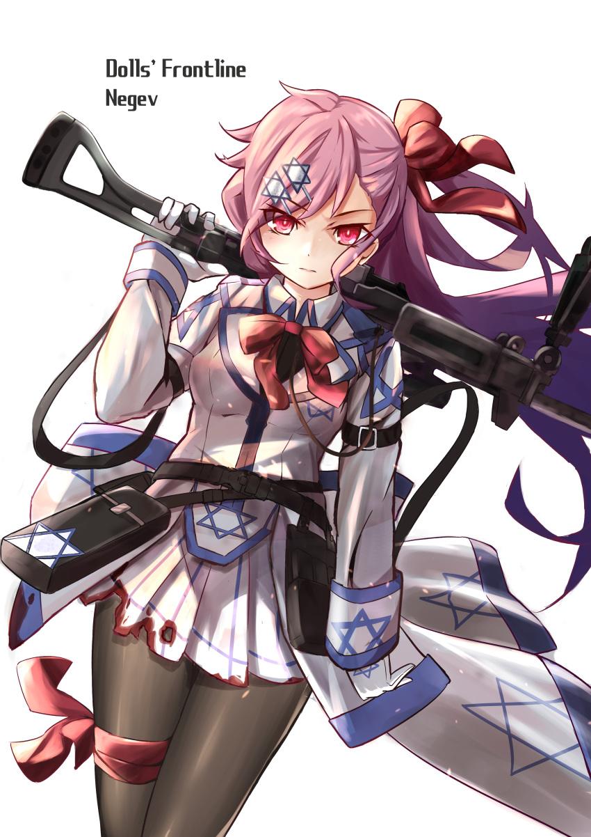 absurdres arm_strap bangs black_legwear blood bloody_clothes bow braid breasts collared_jacket commentary_request eyebrows_visible_through_hair girls_frontline gloves gun hair_between_eyes hair_bow hair_ornament hair_ribbon hairclip hexagram highres holding holding_gun holding_weapon imi_negev israel jacket leg_ribbon long_hair looking_at_viewer machine_gun medium_breasts mid-stride military military_uniform neck_ribbon negev_(girls_frontline) one_side_up pantyhose pink_hair pouch red_bow red_eyes red_ribbon ribbon satanfang sidelocks simple_background skirt solo star_of_david strap torn_clothes torn_skirt uniform walking weapon white_gloves white_skirt