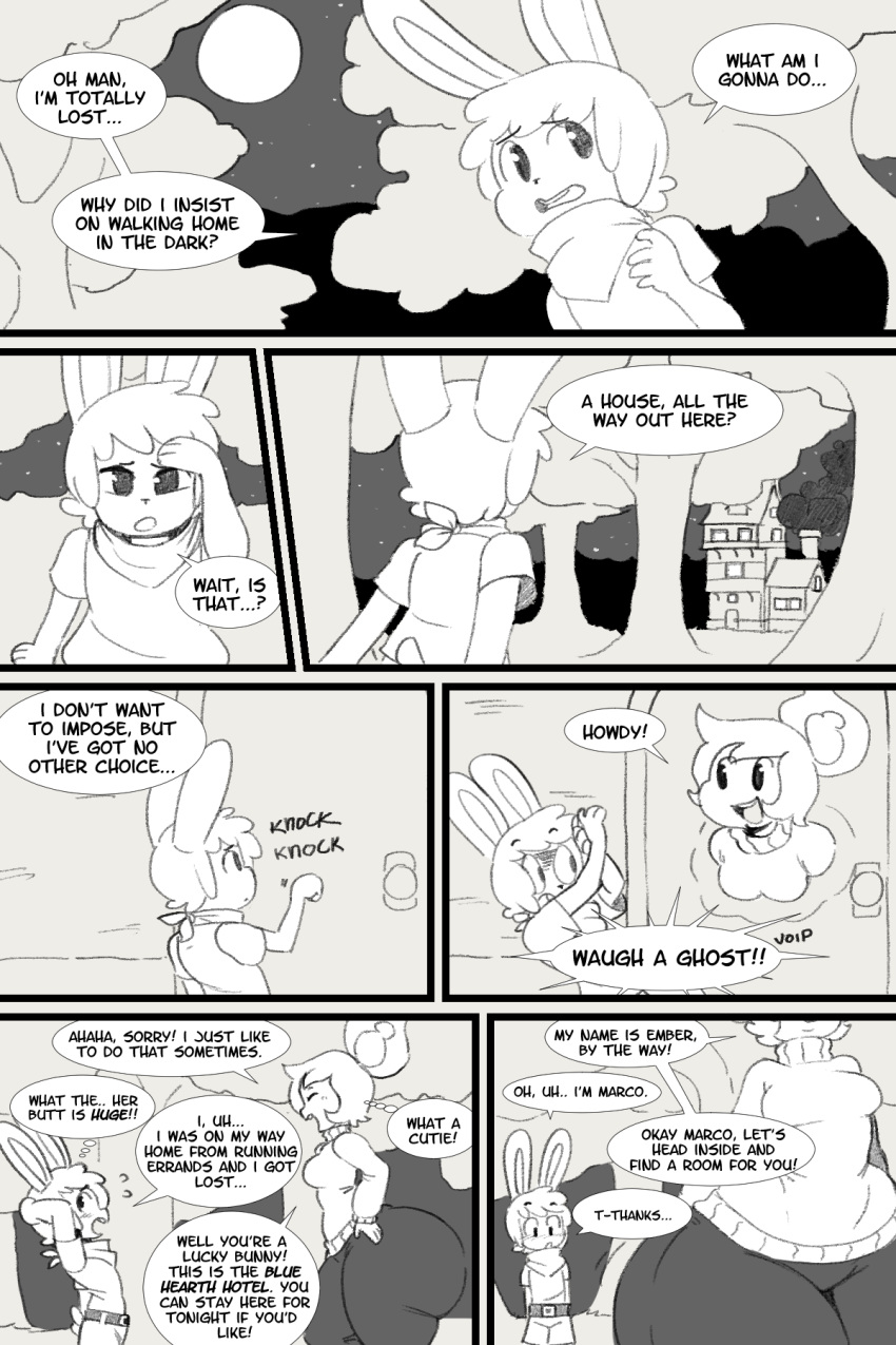 2018 angstrom big_butt breasts butt clothing comic digital_drawing_(artwork) digital_media_(artwork) duo elemental ember_(angstrom) eyes_closed fan_character female fire fire_elemental flaming_hair hair hi_res huge_butt lagomorph larger_female male mammal marco_(angstrom) monochrome rabbit size_difference smaller_male smile sweater thick_thighs voluptuous wide_hips