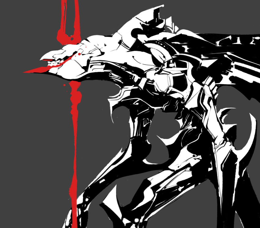 highres holding holding_weapon lance_of_longinus mass_production_eva mecha monochrome nekoixa neon_genesis_evangelion shadow solo spot_color teeth weapon