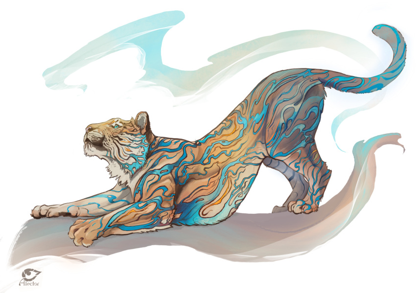 2018 alectorfencer ambiguous_gender blue_eyes blue_stripes feline feral fur mammal paws simple_background solo striped_fur stripes tan_fur tiger traditional_media_(artwork) white_background