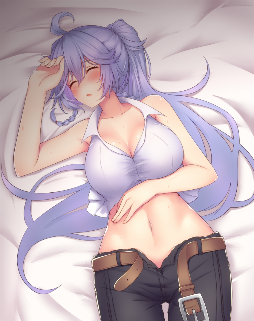 ahoge arm_up armpits bare_shoulders bed_sheet belt belt_buckle black_pants blush braid breasts buckle cleavage collarbone collared_shirt commentary_request crop_top dutch_angle etan14 eyebrows_visible_through_hair fingernails from_above granblue_fantasy hair_between_eyes hair_tie hand_on_own_stomach head_tilt highres large_breasts long_hair looking_at_viewer lying midriff navel on_back open_fly open_mouth open_pants pants pink_lips shirt silva_(granblue_fantasy) solo stomach sweat twin_braids unbuckled_belt very_long_hair