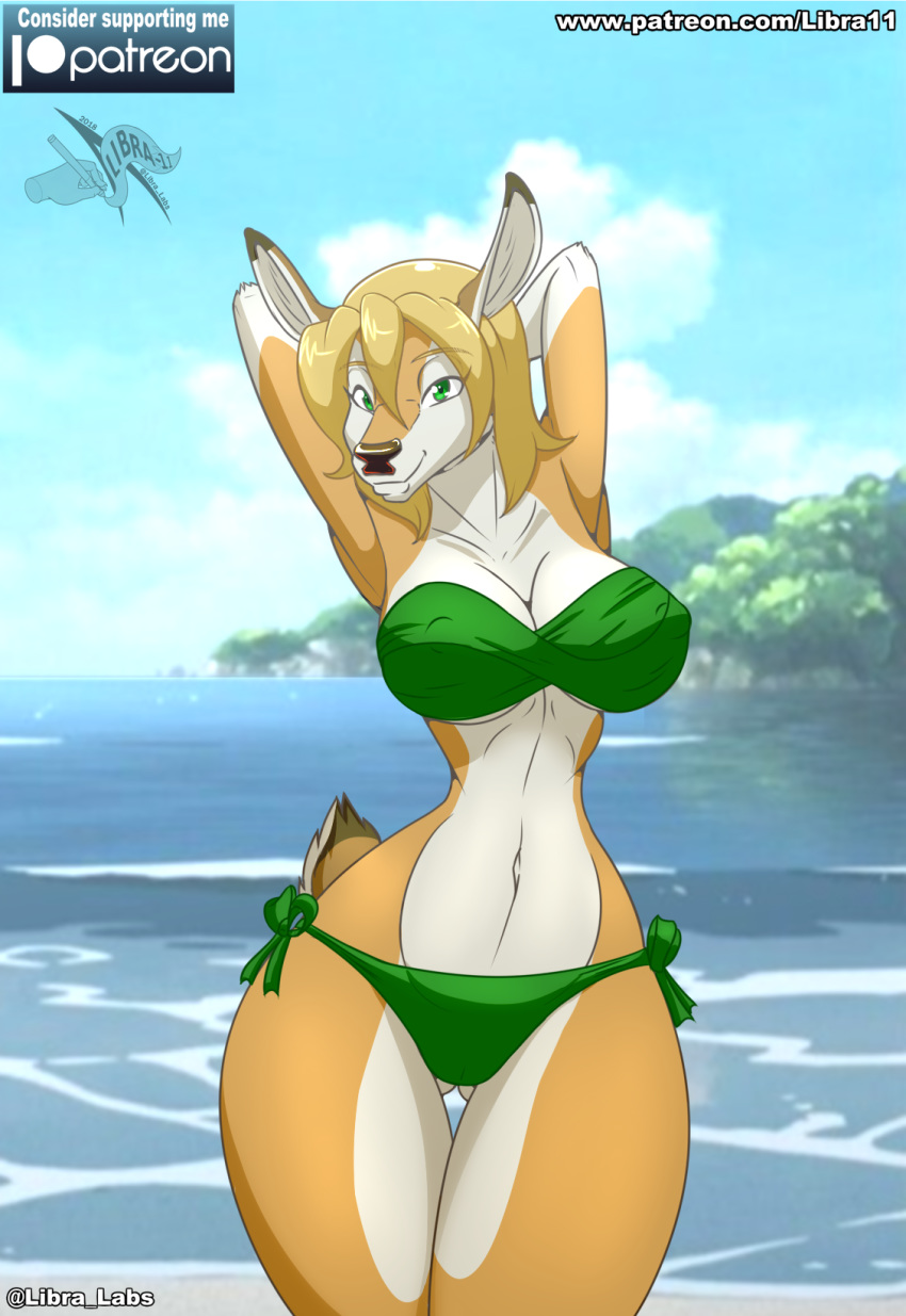 2018 anthro arms_above_head beach bikini biped blonde_hair breasts brown_fur brown_nose brown_tail camel_toe cervine cleavage clothed clothing detailed_background dipstick_tail female fur gloves_(marking) green_eyes hair libra-11 looking_at_viewer mammal markings multicolored_fur multicolored_tail navel nipple_bulge patreon pinup pose seaside short_tail smile solo strapless swimsuit thick_thighs thigh_gap thin_waist two_tone_fur water white_fur white_tail wide_hips