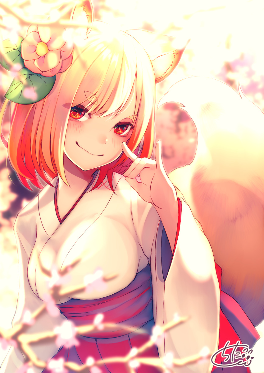 animal_ear_fluff animal_ears bangs blurry blurry_background blurry_foreground blush chita_(ketchup) closed_mouth commentary_request depth_of_field eyebrows_visible_through_hair flower fox_ears fox_girl fox_shadow_puppet fox_tail gradient_hair hair_flower hair_ornament hand_up head_tilt highres japanese_clothes kimono light_brown_hair long_sleeves multicolored_hair original pink_flower pleated_skirt red_eyes red_flower red_hair red_skirt short_eyebrows short_kimono signature skirt smile solo tail tail_raised thick_eyebrows tree_branch white_kimono wide_sleeves