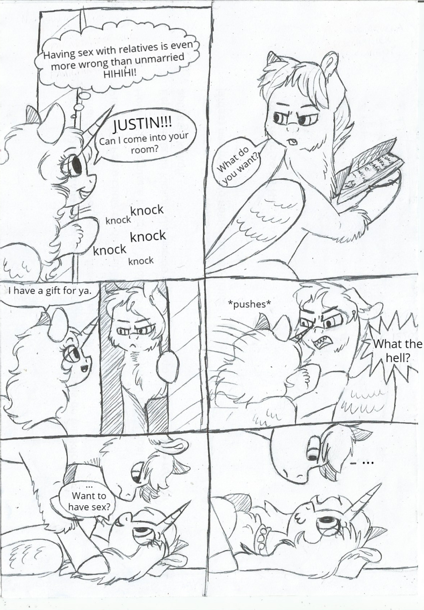 69bea black_and_white comic duo english_text equine fan_character female feral horn jessie justin_feuer male mammal monochrome my_little_pony pegasus pencil_(artwork) pushing smile text traditional_media_(artwork) winged_unicorn wings