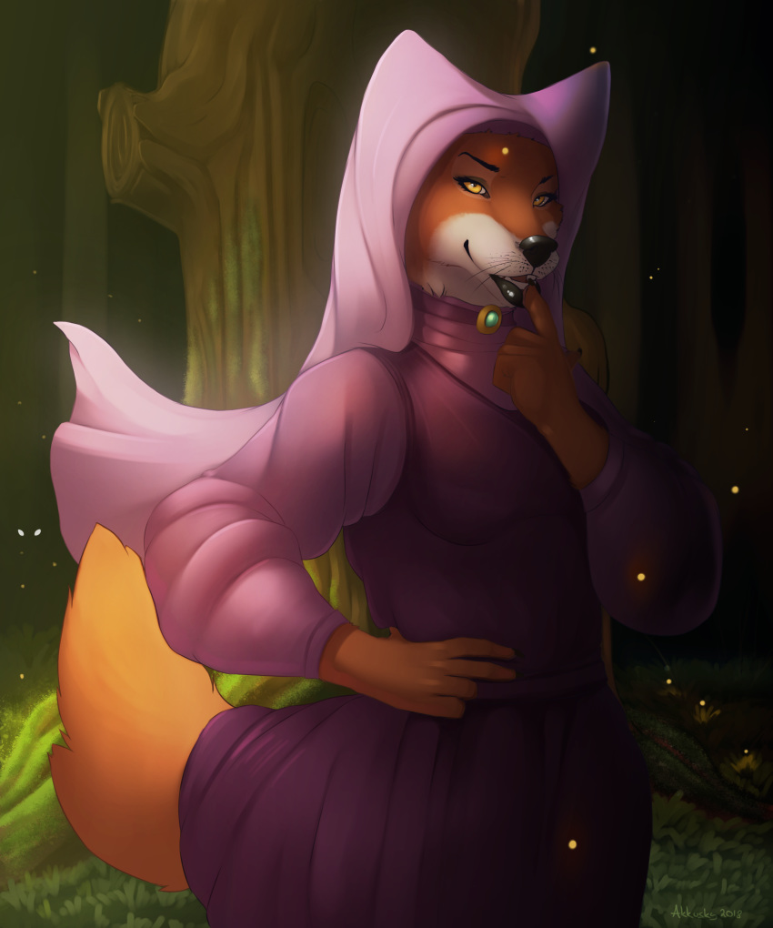 akkusky anthro arthropod black_lips black_nose canine claws clothed clothing disney dress female finger_to_mouth firefly forest fox grass headdress insect maid_marian mammal open_mouth red_fox robin_hood_(disney) solo standing teeth tree whiskers yellow_eyes