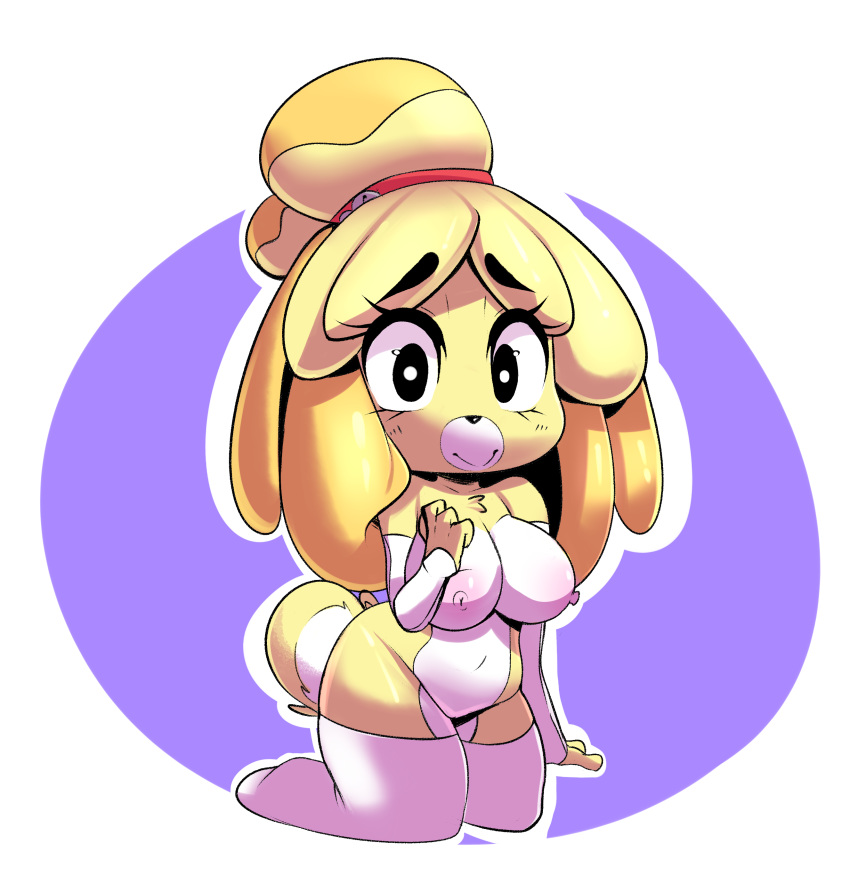 animal_crossing anthro big_breasts breasts canine clothing dog female isabelle_(animal_crossing) leggings legwear mammal mostly_nude nintendo nipples short_stack smile solo sourspot video_games