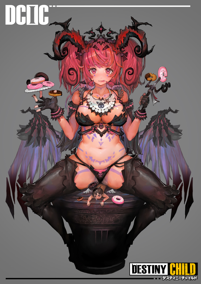 1boy 1girl angel_wings bangs belly bib big_hair black_bra black_footwear black_gloves black_legwear black_panties blush boots bra breasts bustier character_request check_commentary chest_tattoo chocolate_doughnut closed_mouth collarbone commentary_request contest_winner copyright_name curvy demon_girl demon_horns demon_wings destiny_child detached_sleeves doughnut eyebrows_visible_through_hair facial_tattoo fingerless_gloves food fork full_body gloves grey_background hair_ornament halo highres holding holding_fork holding_plate horns large_breasts licking_lips lips long_hair looking_at_viewer miniboy navel nose_blush original panties pedestal pink_eyes plate red_eyes red_hair side-tie_panties simple_background sitting sitting_on_person size_difference solo_focus spread_legs stomach stomach_tattoo string_panties tattoo text_focus thigh_boots thighhighs tongue tongue_out two_side_up underwear voruvoru wings
