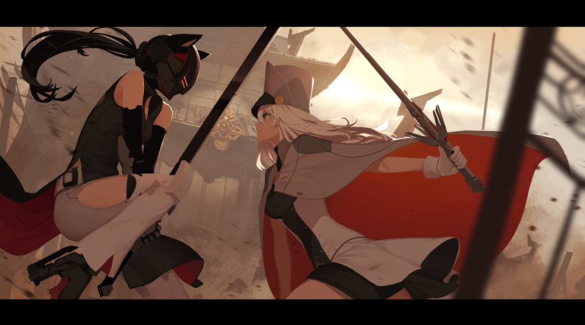armor bare_shoulders battle black_hair blake_belladonna blue_eyes blurry_foreground boots building cape commentary debris dishwasher1910 dress duel english_commentary fighting_stance gloves hat helmet high_heel_boots high_heels holding holding_sword holding_weapon jumping left-handed long_hair looking_at_another multiple_girls pelvic_curtain ponytail rwby shirt sleeveless sleeveless_shirt smile sunlight sword sword_fight thigh_cutout thighs two-handed weapon weiss_schnee white_dress white_gloves white_hair
