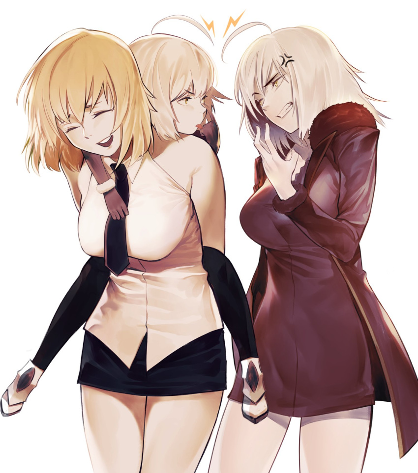 ahoge angry bangs bare_shoulders black_dress black_jacket black_neckwear black_skirt blonde_hair breasts cape carrying clenched_teeth commentary_request dress eyebrows_visible_through_hair fate/grand_order fate_(series) fur-trimmed_cape fur_collar fur_trim gloves gyudong123 hair_between_eyes highres holding_another jacket jeanne_d'arc_(alter)_(fate) jeanne_d'arc_(fate) jeanne_d'arc_(fate)_(all) jeanne_d'arc_alter_santa_lily large_breasts looking_at_another lying miniskirt multiple_girls on_back open_mouth piggyback shirt short_hair silver_hair skirt sleeveless sleeveless_shirt smile teeth thighs tongue tongue_out wicked_dragon_witch_ver._shinjuku_1999 yellow_eyes younger