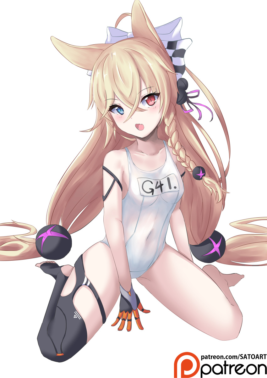 absurdres alternate_costume animal_ears arm_strap arm_support bangs blonde_hair blue_eyes blush braid breasts character_name checkered_ribbon commentary_request covered_navel crossed_bangs eyebrows_visible_through_hair fang g41_(girls_frontline) girls_frontline gloves hair_between_eyes hair_bobbles hair_ornament hair_ribbon heterochromia highres ichikawayan long_hair looking_at_viewer one-piece_swimsuit open_mouth purple_ribbon red_eyes ribbon school_swimsuit simple_background single_thighhigh sitting small_breasts solo swimsuit thighhighs thighs twintails very_long_hair wariza white_background white_ribbon white_swimsuit