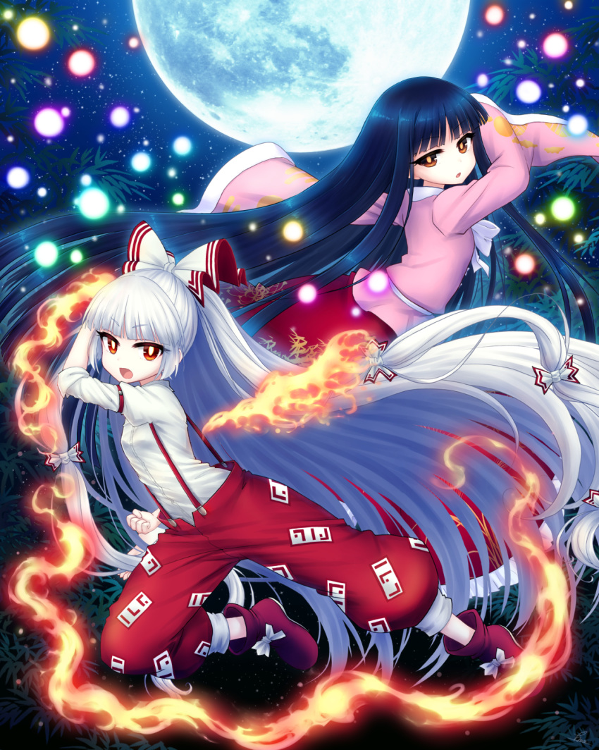 :o album_cover ankle_boots arm_garter arm_up baggy_pants bamboo bangs black_hair blunt_bangs boots bow brown_eyes clenched_hand commentary_request cover danmaku dress_shirt eyebrows_visible_through_hair fighting_stance fire fujiwara_no_mokou full_moon hair_bow hair_ribbon highres houraisan_kaguya juliet_sleeves long_hair long_skirt long_sleeves miruki moon multiple_girls night night_sky ofuda open_mouth outdoors outstretched_arm pants pink_shirt ponytail puffy_sleeves red_eyes red_footwear red_skirt ribbon shirt silver_hair skirt sky sleeves_folded_up star_(sky) starry_sky suspenders touhou tress_ribbon very_long_hair white_bow white_pupils white_shirt wide_sleeves