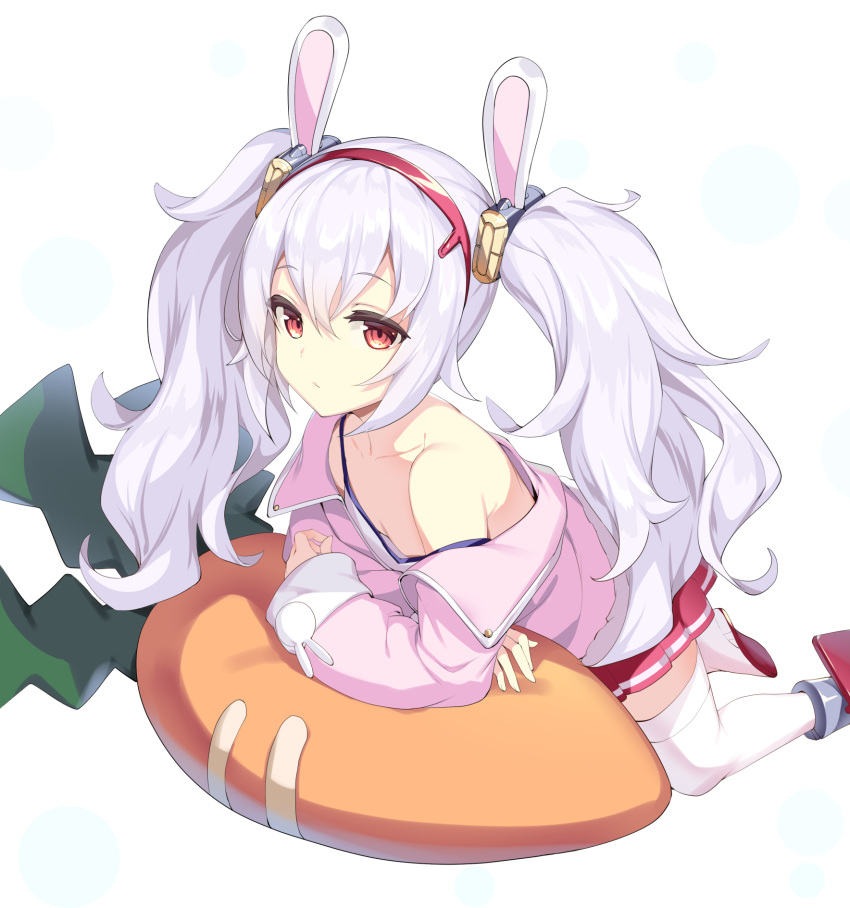 animal_ears azur_lane bunny_ears carrot_pillow commentary_request crown eyebrows_visible_through_hair fake_animal_ears fur-trimmed_jacket fur_trim hair_between_eyes hair_ribbon hairband highres ikomochi jacket laffey_(azur_lane) looking_at_viewer lying mini_crown off_shoulder on_stomach open_clothes open_jacket pillow pink_jacket red_eyes red_hairband red_skirt ribbon silver_hair skirt strap_slip thighhighs twintails white_camisole white_legwear