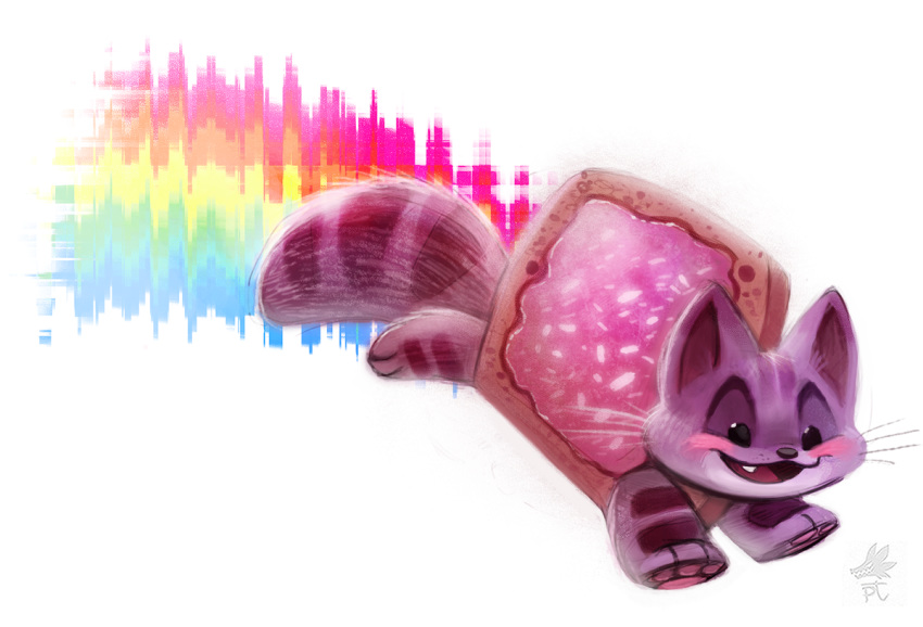 ambiguous_gender black_eyes cryptid-creations feline feral fur looking_at_viewer mammal nyan_cat open_mouth pawpads pop-tart purple_fur rainbow simple_background smile solo whiskers white_background