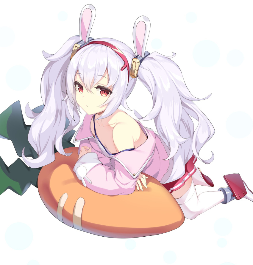 animal_ears azur_lane bunny_ears carrot_pillow crown eyebrows_visible_through_hair fake_animal_ears fur-trimmed_jacket fur_trim hair_between_eyes hair_ribbon hairband highres ikomochi jacket laffey_(azur_lane) looking_at_viewer lying mini_crown off_shoulder on_stomach open_clothes open_jacket pillow pink_jacket red_eyes red_hairband red_skirt ribbon silver_hair skirt strap_slip thighhighs twintails white_camisole white_legwear