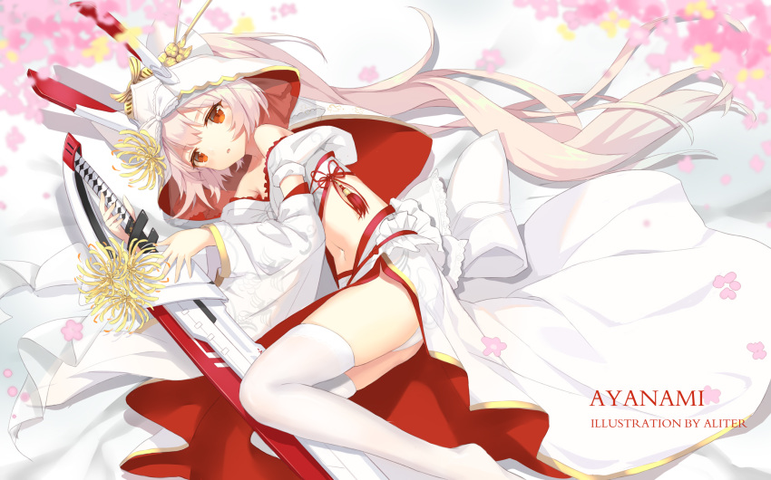 aliter artist_name ayanami_(azur_lane) azur_lane bangs bare_shoulders blurry blurry_foreground bow bride brown_hair character_name commentary_request depth_of_field detached_sleeves eyebrows_visible_through_hair flower head_tilt high_ponytail highres holding holding_sword holding_weapon hood hood_up long_hair long_sleeves lying midriff navel off_shoulder on_side panties pantyhose parted_lips pink_flower ponytail red_eyes solo sword thighhighs underwear very_long_hair weapon white_bow white_legwear white_panties wide_sleeves