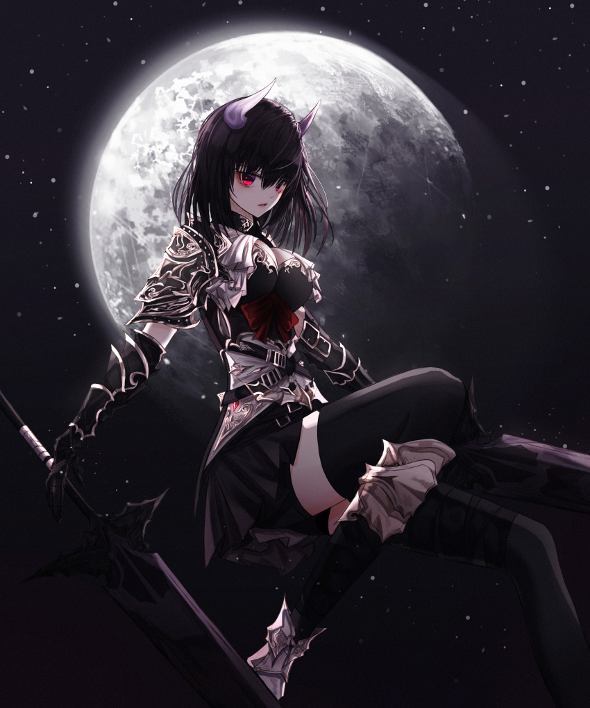 absurdres armor bangs black_gloves black_hair black_legwear breasts commentary demon english_commentary full_moon gloves hair_between_eyes highres holding holding_weapon hongsung0819 horns looking_at_viewer medium_breasts moon original parted_lips pauldrons red_eyes short_hair solo vambraces weapon