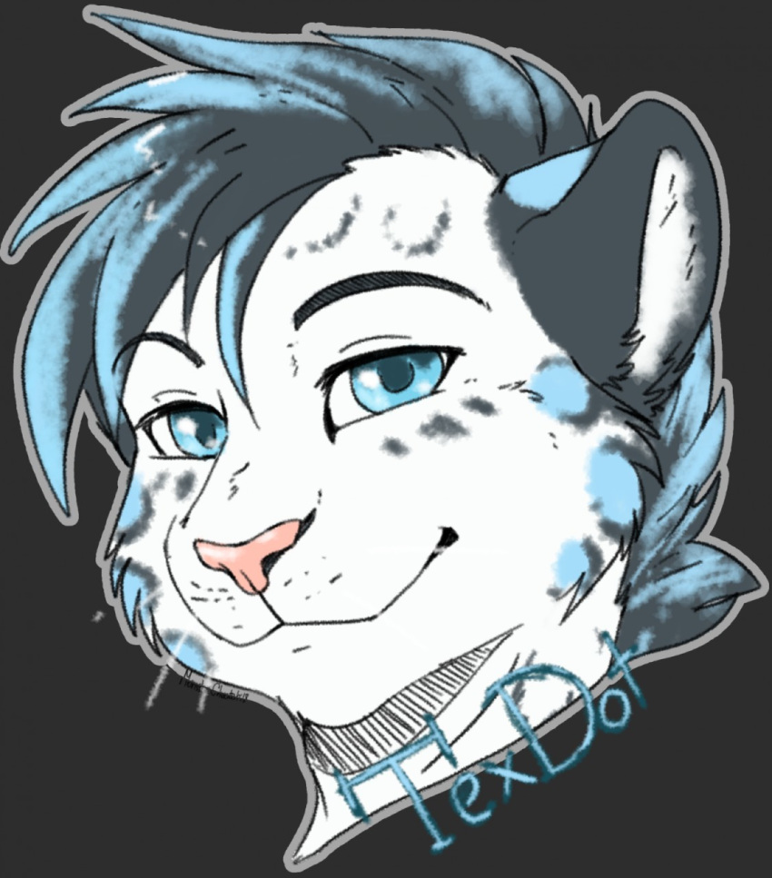 anthro con_badge english_text excitedcargoyle eyebrows feline fur hair headshot_portrait leopard looking_at_viewer male mammal portrait signature simple_background smile snow_leopard text victory_(texdot) whiskers