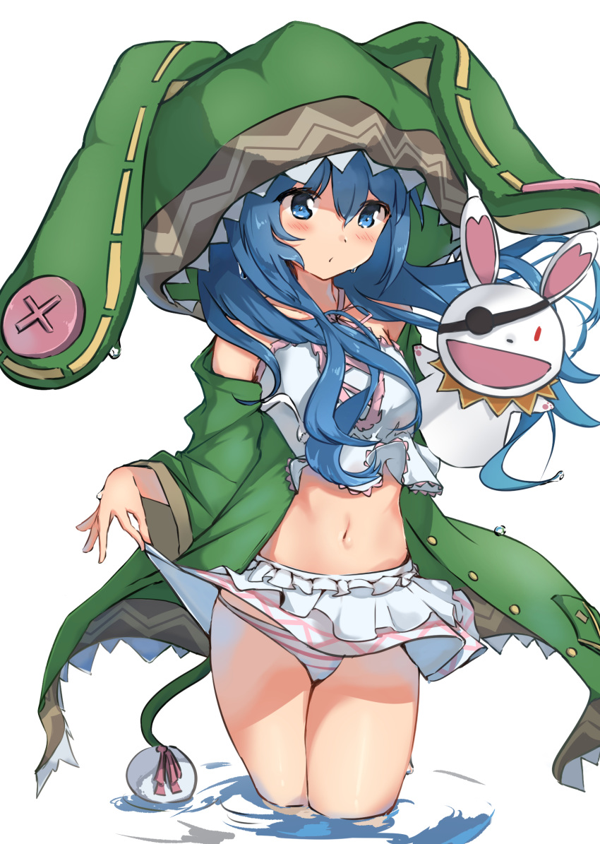 absurdres animal_ears animal_hood bangs bare_shoulders bikini bikini_skirt blue_eyes blue_hair blush breasts bunny_ears bunny_hood buttons closed_mouth crop_top date_a_live eyebrows_visible_through_hair eyepatch hair_between_eyes hand_puppet highres hood hood_up hooded_jacket jacket long_hair long_sleeves looking_at_viewer navel off_shoulder open_clothes open_jacket puppet ripples small_breasts solo striped_bikini_bottom swimsuit taka_(0taka) very_long_hair wading water wet white_background wide_sleeves yoshino_(date_a_live) yoshinon