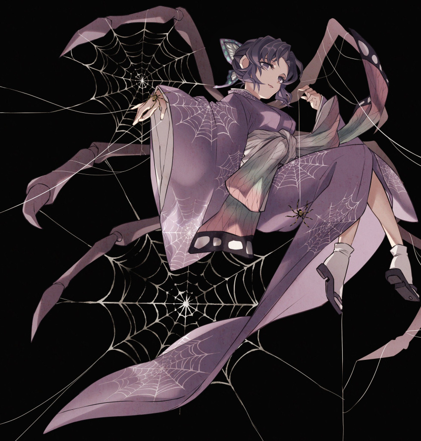 1girl adapted_costume animal animal_on_hand arthropod_girl black_background bug butterfly_hair_ornament closed_mouth from_below from_side full_body hair_ornament hand_up highres invisible_chair japanese_clothes kimetsu_no_yaiba kimono kochou_shinobu light_smile long_sleeves looking_at_viewer morita_yuu obi outstretched_arm purple_eyes purple_hair purple_kimono purple_theme sash shoe_soles silk simple_background sitting socks solo spider spider_girl spider_web spider_web_print updo white_socks wide_sleeves zouri