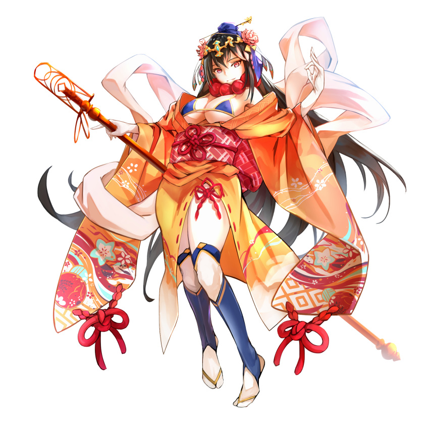 bikini black_hair blue_bikini bow breasts closed_mouth faicha fate/grand_order fate_(series) flower full_body hair_flower hair_ornament highres holding holding_staff japanese_clothes kimono large_breasts long_hair looking_at_viewer obi orange_kimono red_bow red_eyes sash simple_background smile solo staff standing swimsuit white_background xuanzang_(fate/grand_order)