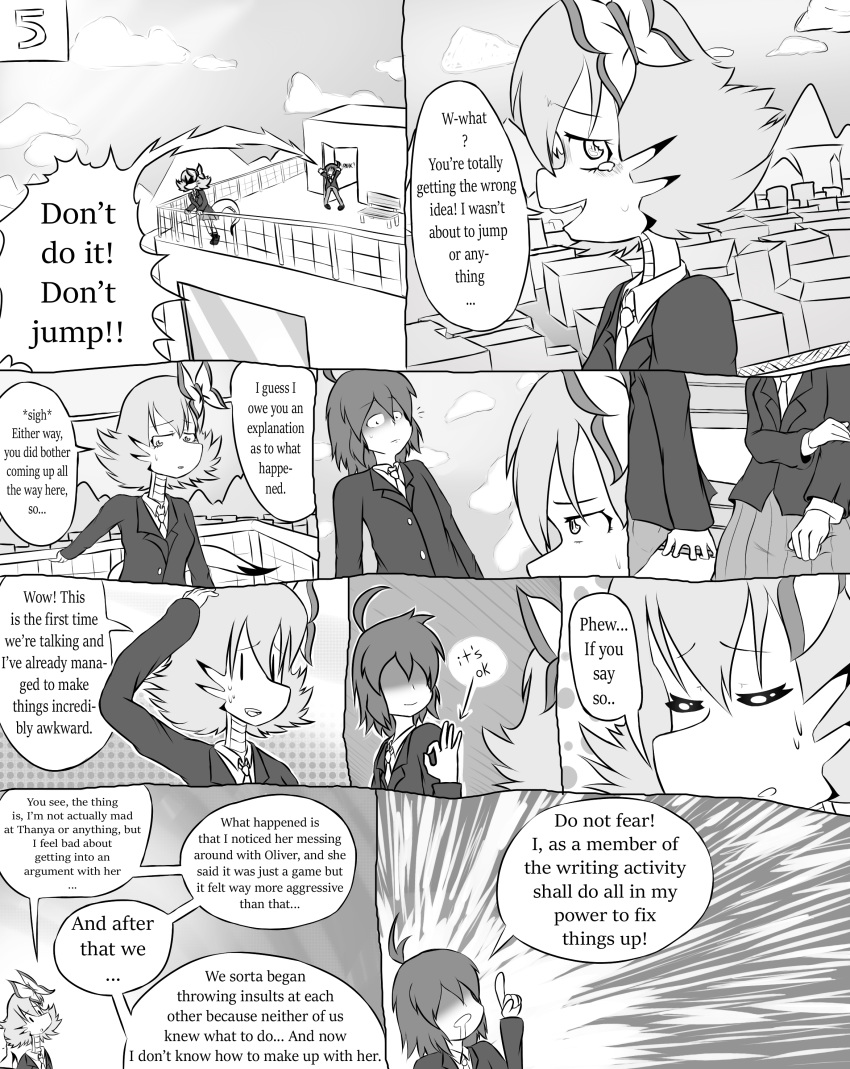 2018 4_fingers 5_fingers absurd_res action_lines ahoge anthro bench black_and_white blazer blush bow building city clothed clothing cloud comic confusion crying day dialogue digital_media_(artwork) door drooling duo embarrassed english_text eyes_closed fangs female fence greyscale hair hi_res hidden_eyes hidden_face holding_arm holding_head horn horned_lizard human hybrid jorge_miranda_(lwt) lana_summerfield_(lwt) let's_write_together lizard long_tail looking_at_viewer looking_down looking_up lwtproject male mammal markings messy_hair monochrome mountain necktie ok_sign open_mouth outside pointing_up rebornisaac reptile rooftop saliva scalie school school_uniform short_hair sigh simple_background sitting skirt sky smile snake speech_bubble standing surprise sweat tears teeth text uniform walking window worried yelling