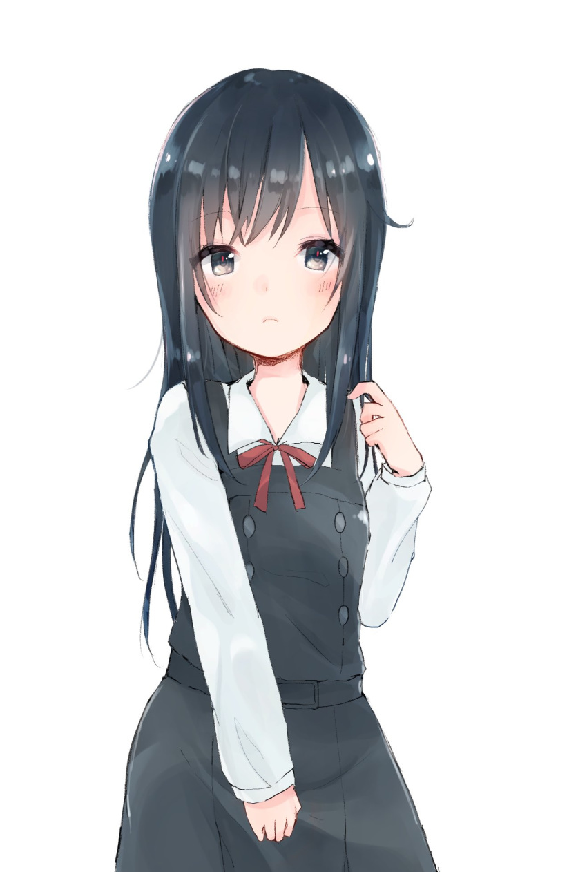 asashio_(kantai_collection) black_dress black_hair blue_eyes buttons commentary_request dress highres kantai_collection kayuma light_frown long_hair long_sleeves looking_at_viewer neck_ribbon pinafore_dress pleated_dress red_ribbon remodel_(kantai_collection) ribbon school_uniform shirt sleeves_past_wrists solo standing white_shirt