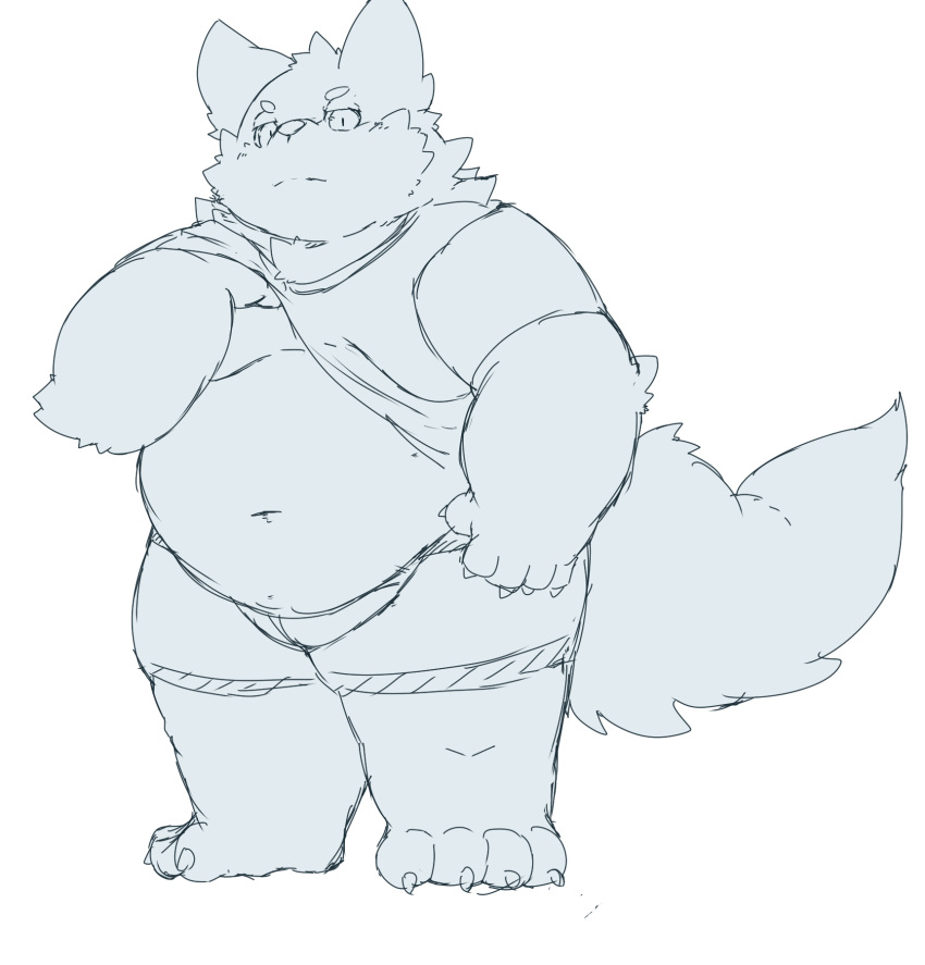 2018 anthro belly canine claws clothed clothing clothing_lift digital_drawing_(artwork) digital_media_(artwork) dog full-length_portrait fur half-closed_eyes kemono looking_at_viewer male mammal moobs navel overweight overweight_male portrait shirt shirt_lift simple_background sketch slightly_chubby solo standing toe_claws white_background ガブ
