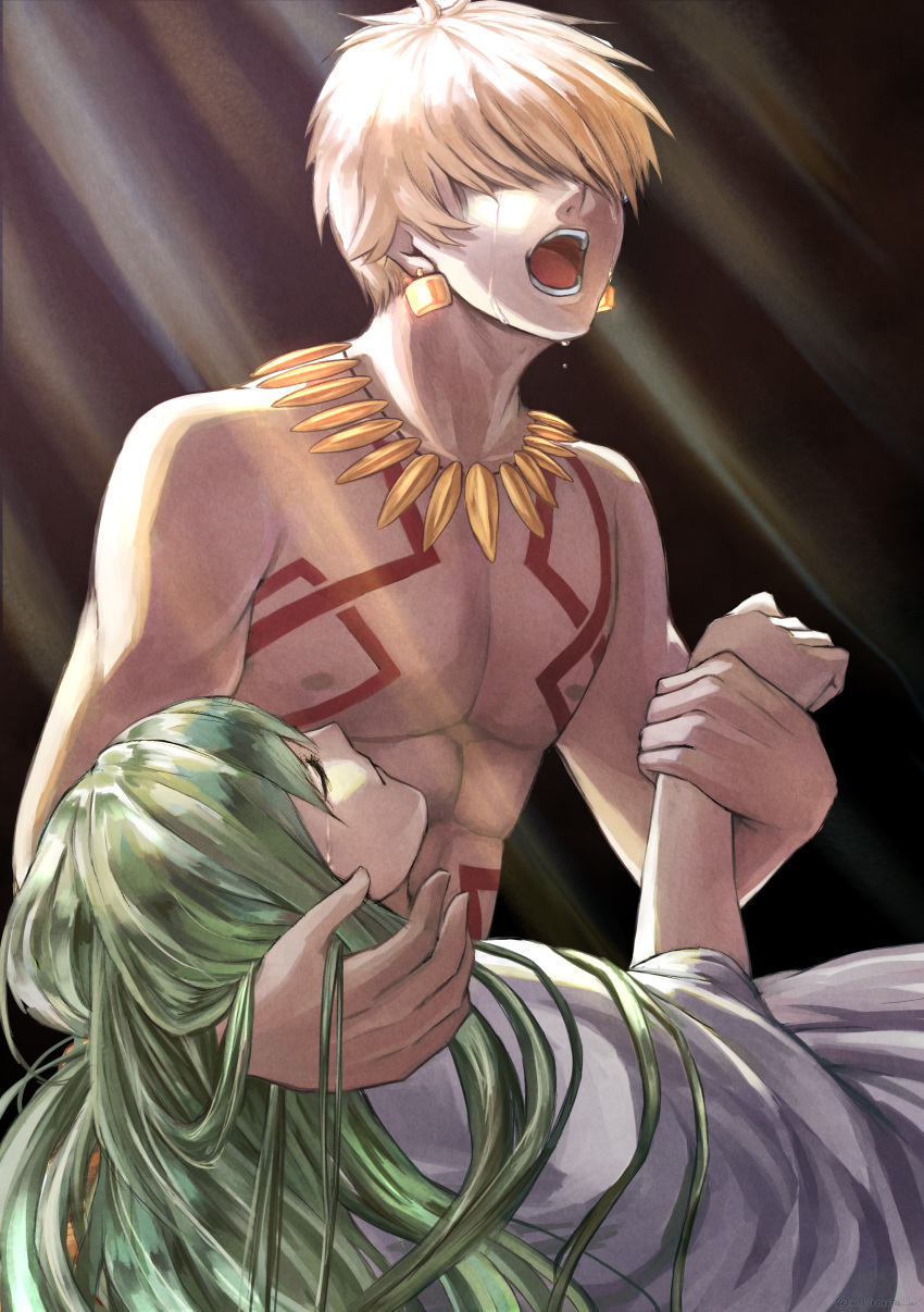 1other absurdres blonde_hair chest chest_tattoo closed_eyes closed_mouth earrings enkidu_(fate/strange_fake) fate/strange_fake fate_(series) gilgamesh green_hair hair_over_eyes highres holding_hands jewelry long_hair necklace open_mouth robe shirtless shouting tattoo tears upper_body w-moz9-w