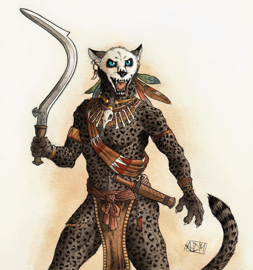 0laffson 2017 5_fingers anthro black_lips claws clothed clothing feline fur holding_object holding_weapon khopesh leopard male mammal melee_weapon open_mouth panther simple_background solo spots spotted_fur standing sword teeth tongue traditional_media_(artwork) tribal weapon white_background