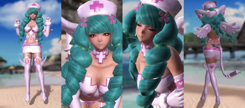 1girl 3d alternate_costume argyle_cutout arms_behind_head ass back belt boots breasts cap cleavage cross curly_hair drill_hair earrings elbow_gloves eyes_closed eyeshadow fake_tail female fiore_brunelli full_body garter_straps gloves green_hair green_lips hair_ornament hand_on_hip hat heart high_heels highres holding holding_weapon jewelry large_breasts leaning_forward legs_crossed legwear leotard lipstick long_hair looking_at_viewer makeup midriff miniskirt navel needle nurse nurse_cap outdoors pink_gloves pink_legwear revealing_clothes sand skirt solo split_screen square_enix standing star_ocean star_ocean_anamnesis star_ocean_integrity_and_faithlessness tail thigh_boots thighhighs thong thong_leotard twin_drills twintails very_long_hair weapon wings yellow_eyes