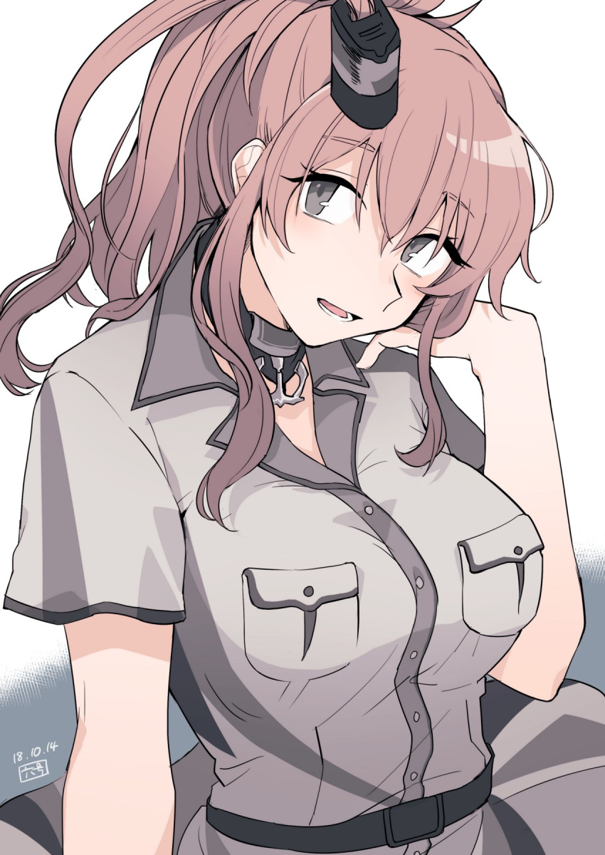 anchor belt breast_pocket breasts brown_hair choker commentary_request dress eyebrows_visible_through_hair grey_dress grey_eyes hair_between_eyes hair_ornament highres kantai_collection large_breasts pocket ponytail saratoga_(kantai_collection) side_ponytail sidelocks smile smokestack solo toki_6g white_background