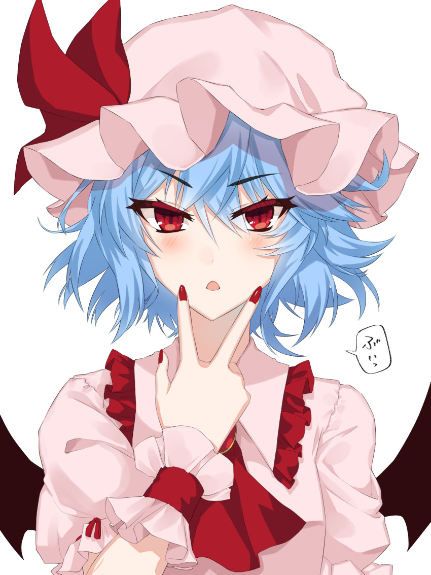 black_wings blue_hair blush bonnet bow dress eyebrows_visible_through_hair hair_between_eyes hat hat_bow highres himajinsan0401 looking_at_viewer nail_polish open_mouth pink_dress pink_hat red_bow red_eyes red_nails remilia_scarlet short_hair short_sleeves simple_background solo touhou upper_body white_background wings wrist_cuffs