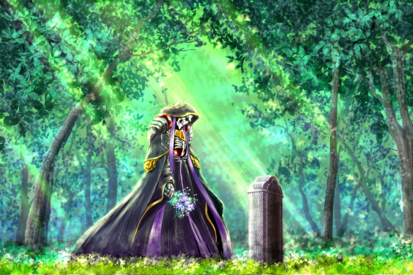 910pan ainz_ooal_gown bouquet commentary_request day dress flower forest holding holding_bouquet hood lich long_dress long_hair nature outdoors overlord_(maruyama) solo standing sunlight tombstone tree white_flower