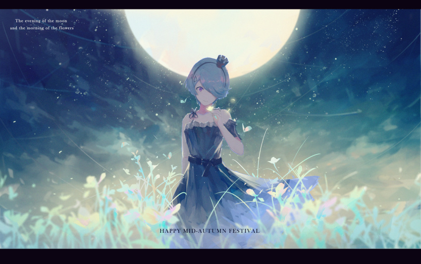 arm_behind_back armband bangs bare_shoulders belt blue_hair commentary_request dress english field flower flower_field girls_frontline hair_ornament hand_up highres holding holding_flower mid-autumn_festival moon night night_sky one_eye_covered purple_eyes short_hair sky smile solo star_(sky) starry_sky swept_bangs widescreen wind wind_lift zas_m21_(girls_frontline) zzz_(orchid-dale)