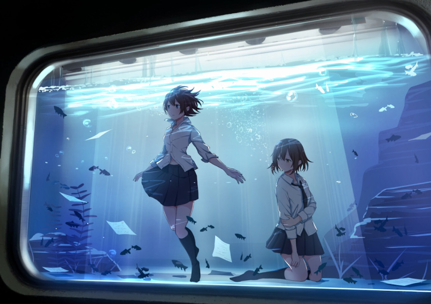 2girls animal blue_eyes brown_eyes brown_hair fish kneehighs original paper sakeharasu seifuku short_hair skirt tie underwater water