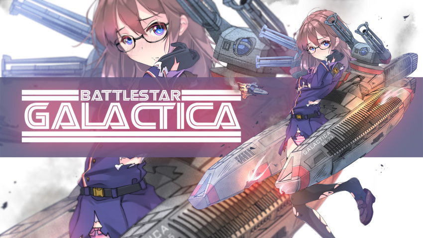 1girl battlestar_galactica belt black_legwear black_shoes blue_eyes blue_uniform broken commission crossover damage damaged fanart fire galactica_chan glasses gloves high_res hires hurt kancolle kantai_collection laura_roslin leg_socks legwear long_hair looking_at_viewer machinery military military_uniform open_mouth orange_hair original panties panties_under_pantyhouse poster rigging shoes skirt smoke socks soot space_ship striped striped_clothes sydusarts thighhighs thighs torn_clothes turrets underwear unhappy uniform weapons
