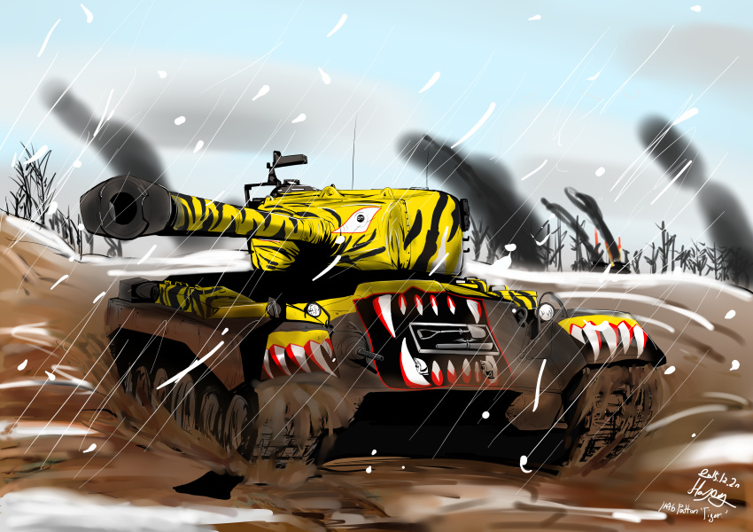 caterpillar_tracks cloud commentary day dirt ground_vehicle highres m46_patton military military_vehicle motor_vehicle no_humans original real_life sky smoke snow snowing tank tree troll_(dlshvmajsl)