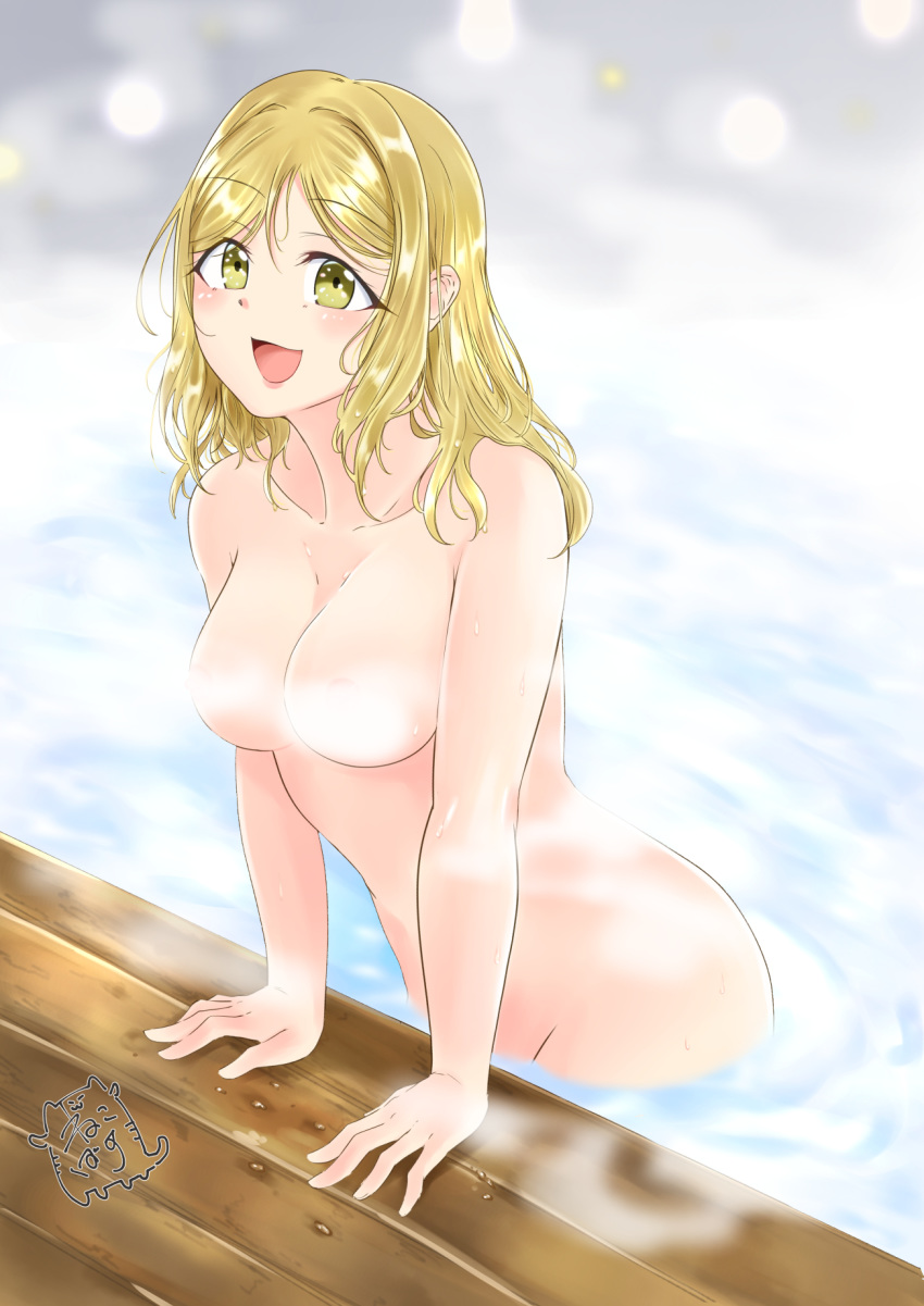 10s 1girl akira_miku_ver arm_support blonde_hair blush breasts convenient_censoring eyebrows_visible_through_hair hair_down large_breasts long_hair looking_at_viewer love_live! love_live!_sunshine!! nude ohara_mari open_mouth partially_submerged signature smile solo steam steam_censor water wet yellow_eyes