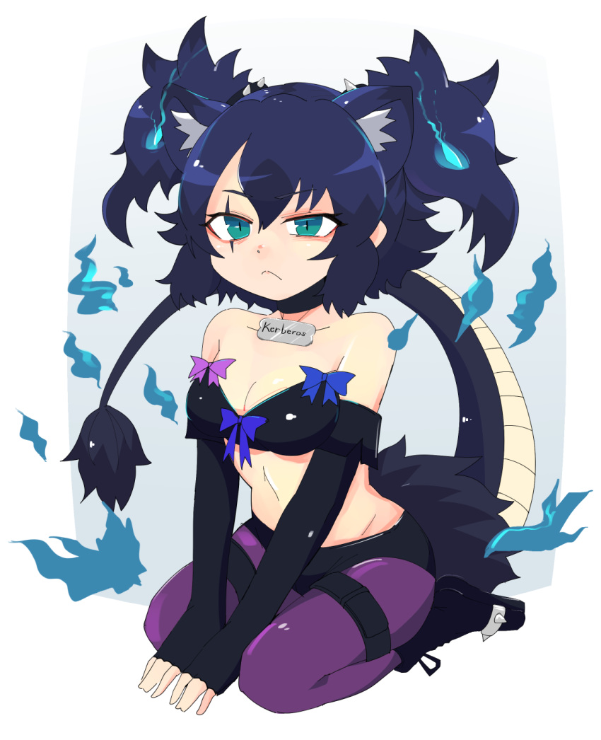 animal_ears araenai bare_shoulders black_gloves blue_hair breasts cerberus_(kemono_friends) character_name commentary_request dog_ears elbow_gloves extra_ears eyebrows_visible_through_hair fingerless_gloves frown full_body gloves green_eyes hair_between_eyes highres kemono_friends medium_breasts midriff name_tag scar scar_across_eye seiza short_hair simple_background sitting solo tail twintails v_arms