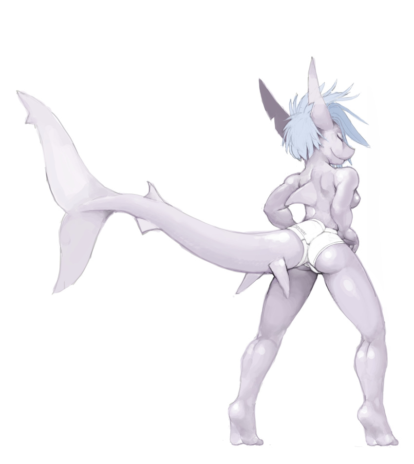 2018 anthro biped blue_hair breasts butt clothing eyes_closed female fin fish fish_tail foxmode furgonomics grey_skin grey_tail hair hand_on_hip long_ears long_tail looking_away marine shark side_boob simple_background smile solo standing tail_fin thick_tail tiptoes underwear white_background