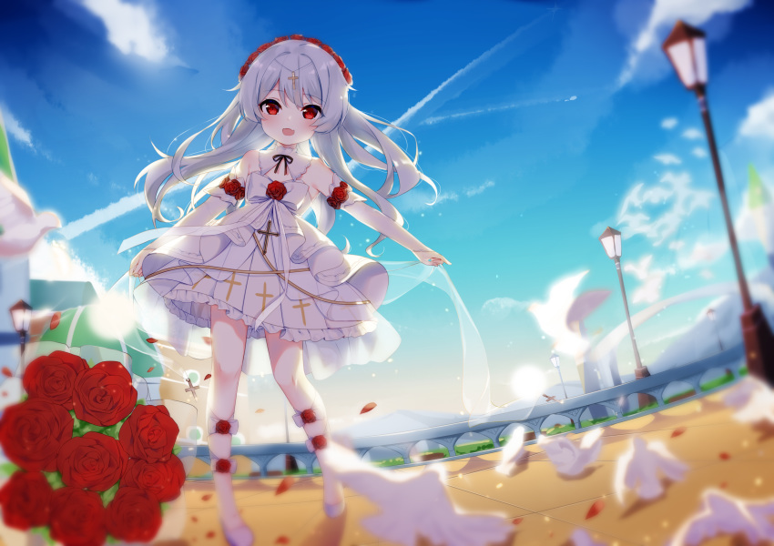 absurdres cloud commentary_request cross day detached_collar dress flower fufumi hair_flower hair_ornament highres honkai_impact lamppost long_hair open_mouth outdoors red_eyes rose shoes silver_hair sky smile solo strapless strapless_dress theresa_apocalypse white_dress