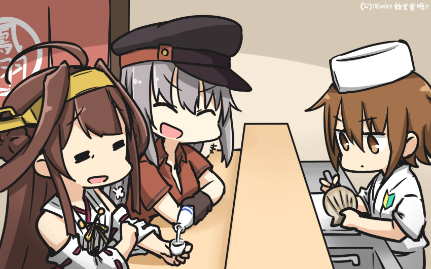 3girls =3 =_= ^_^ ^o^ ahoge alcohol alternate_costume bare_shoulders black_hat brown_eyes brown_gloves brown_hair clam_shell closed_eyes commentary_request dated detached_sleeves double_bun gangut_(kantai_collection) gloves grey_hair hairband hamu_koutarou hat headgear highres holding japanese_clothes kantai_collection kongou_(kantai_collection) long_hair multiple_girls nontraditional_miko open_mouth peaked_cap red_shirt ribbon-trimmed_sleeves ribbon_trim sake shirt short_hair short_sleeves shoshinsha_mark smile v-shaped_eyebrows wakaba_(kantai_collection)