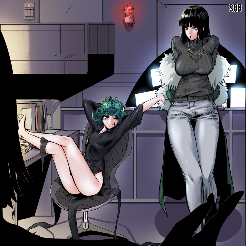 absurdres artist_name black_dress black_eyes black_hair breasts chair collared_dress commentary_request curly_hair desk dress fubuki_(one-punch_man) fur_coat green_eyes green_hair highres korean_commentary large_breasts long_sleeves looking_at_viewer multiple_girls one-punch_man one_eye_closed pants sgb short_hair siblings sisters small_breasts smile sweater tatsumaki