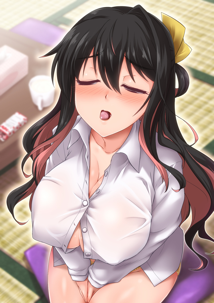 absurdres bangs black_hair blush bow breasts button_gap buttons candy chocolate cleavage closed_eyes collarbone commentary_request covered_nipples cup eyebrows_visible_through_hair fang feeding food hair_between_eyes hair_ribbon highres huge_breasts kantai_collection long_hair long_sleeves mouth_hold multicolored_hair naganami_(kantai_collection) no_bra open_mouth panties pillow pink_hair ribbon seiza shared_food shirt sitting solo tatami thighs tissue_box two-tone_hair underwear wavy_hair white_shirt yoshi_tama