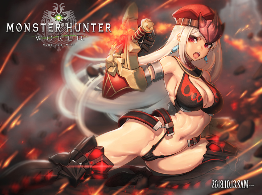 armor boots breasts cameltoe cleavage ecell elbow_gloves fang fire gloves hat kick logo long_hair monster_hunter monster_hunter:_world navel panties red_eyes thighhighs underwear waifu2x white_hair