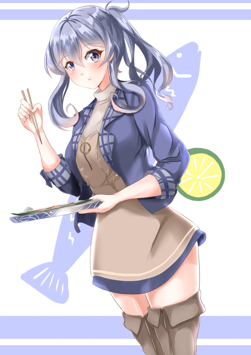 :t bangs blue_eyes blue_hair blue_jacket blue_skirt blush boots brown_dress brown_footwear chopsticks dress dutch_angle eyebrows_visible_through_hair fish food fruit gotland_(kantai_collection) hair_between_eyes hand_up highres holding holding_chopsticks holding_tray jacket kantai_collection kentan_(kingtaiki) legs_together long_hair looking_at_viewer looking_to_the_side mole mole_under_eye o-ring ponytail short_dress sidelocks skirt sleeves_folded_up solo thigh_boots thighhighs tray turtleneck zettai_ryouiki