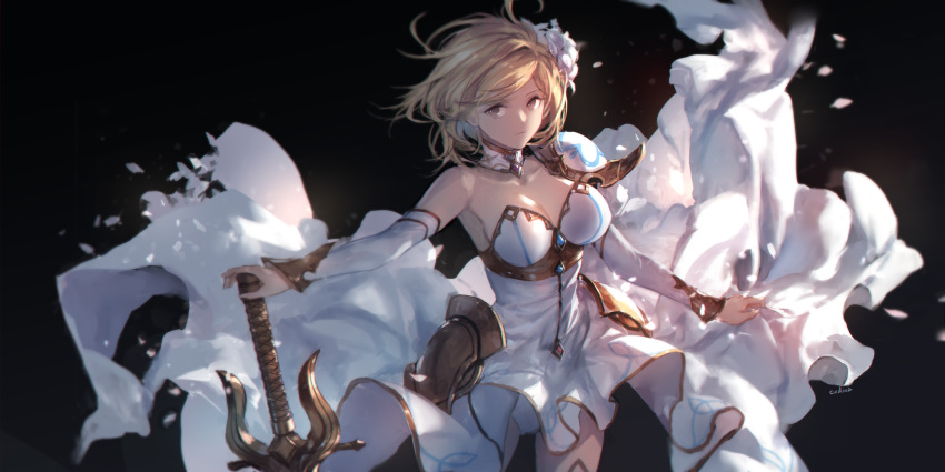 bare_shoulders black_background blonde_hair breasts brown_hair cleavage closed_mouth commentary_request detached_sleeves djeeta_(granblue_fantasy) dress flower granblue_fantasy hair_flower hair_ornament hand_on_hilt highres jewelry knights_of_glory long_sleeves medium_breasts panties petals signature single_pauldron skirt_hold solo strapless strapless_dress swd3e2 sword the_glory underwear weapon white_dress white_flower white_panties